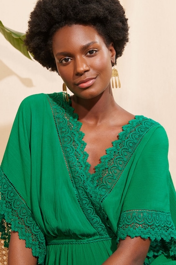 Love & Roses Green Petite Lace Trim Belted Cover Up Kaftan
