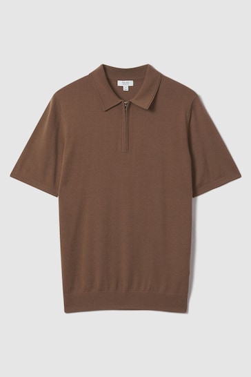 Reiss Pecan Brown Maxwell Merino Wool Half-Zip Polo Shirt