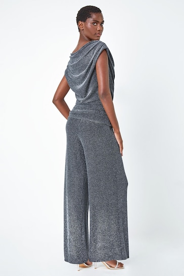 Roman Metallic Shimmer Cowl Neck Ruched Stretch Jumpsuit