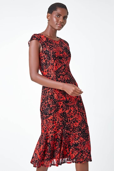 Roman Red Ditsy Floral Stretch Lace Dress