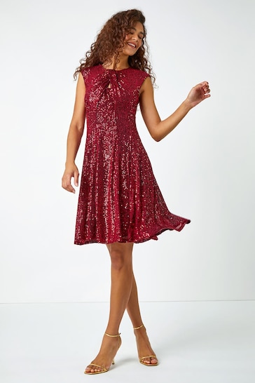 Roman Red Sequin Twist Front Stretch Dress