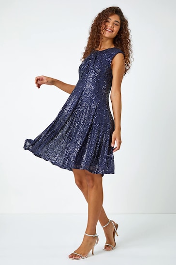 Roman Blue Sequin Twist Front Stretch Dress