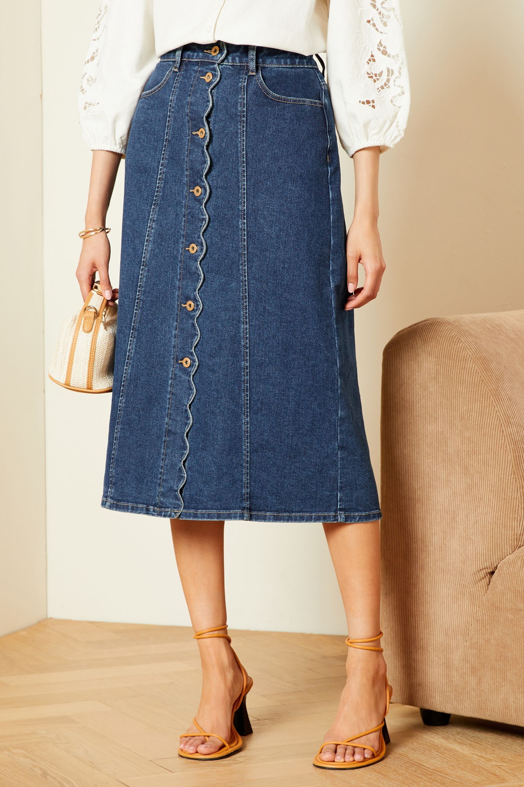 Love Roses Blue Petite Denim Scallop Button Through Midi Skirt