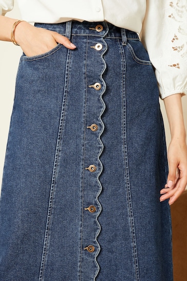 Love & Roses Blue Denim Scallop Button Through Midi Skirt