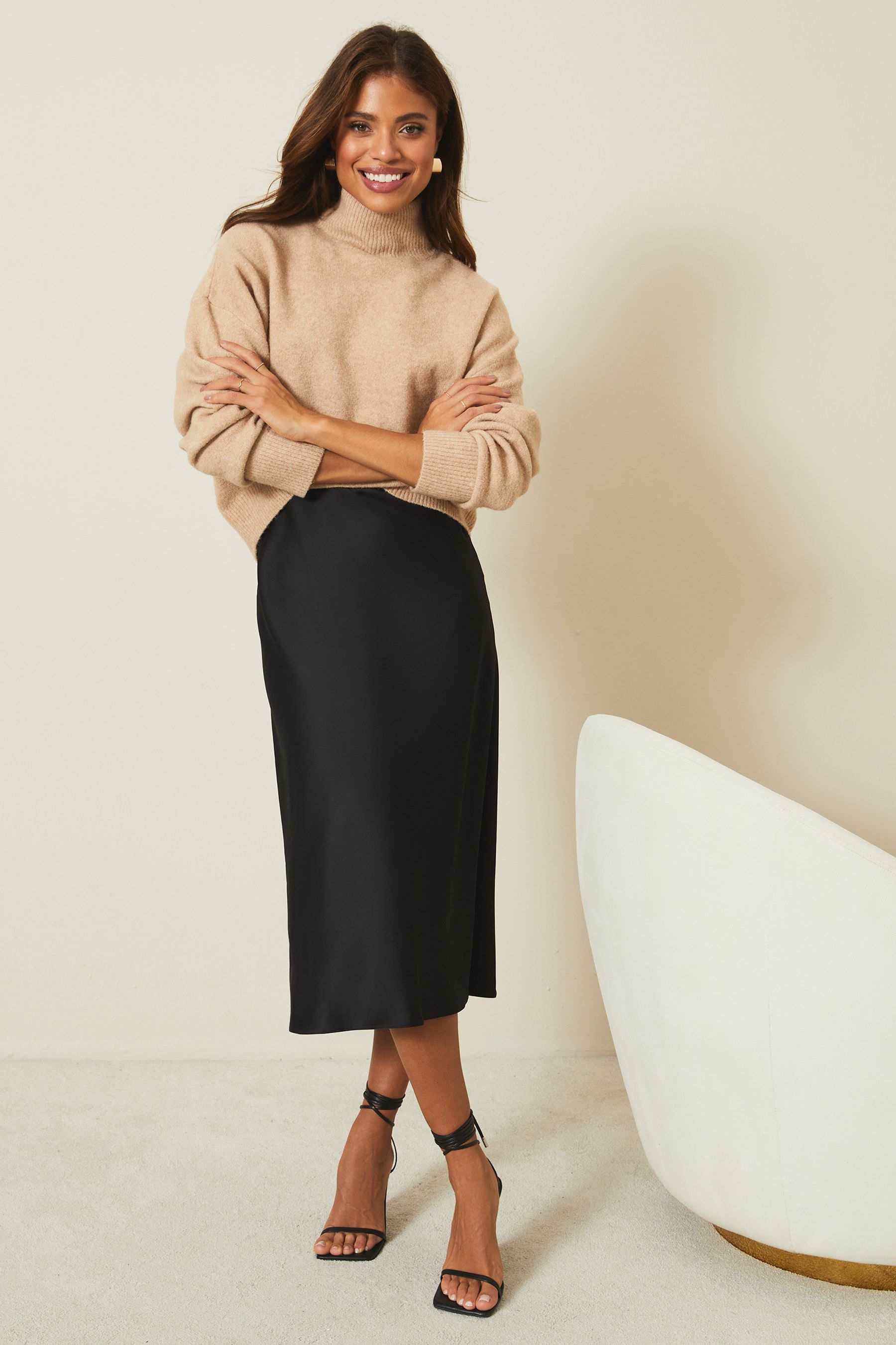 Petite satin top midi skirt black