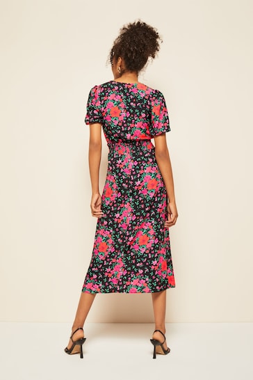 Friends Like These Black Red Floral Puff Sleeve Ruched Waist V Neck Midi Summer Dress