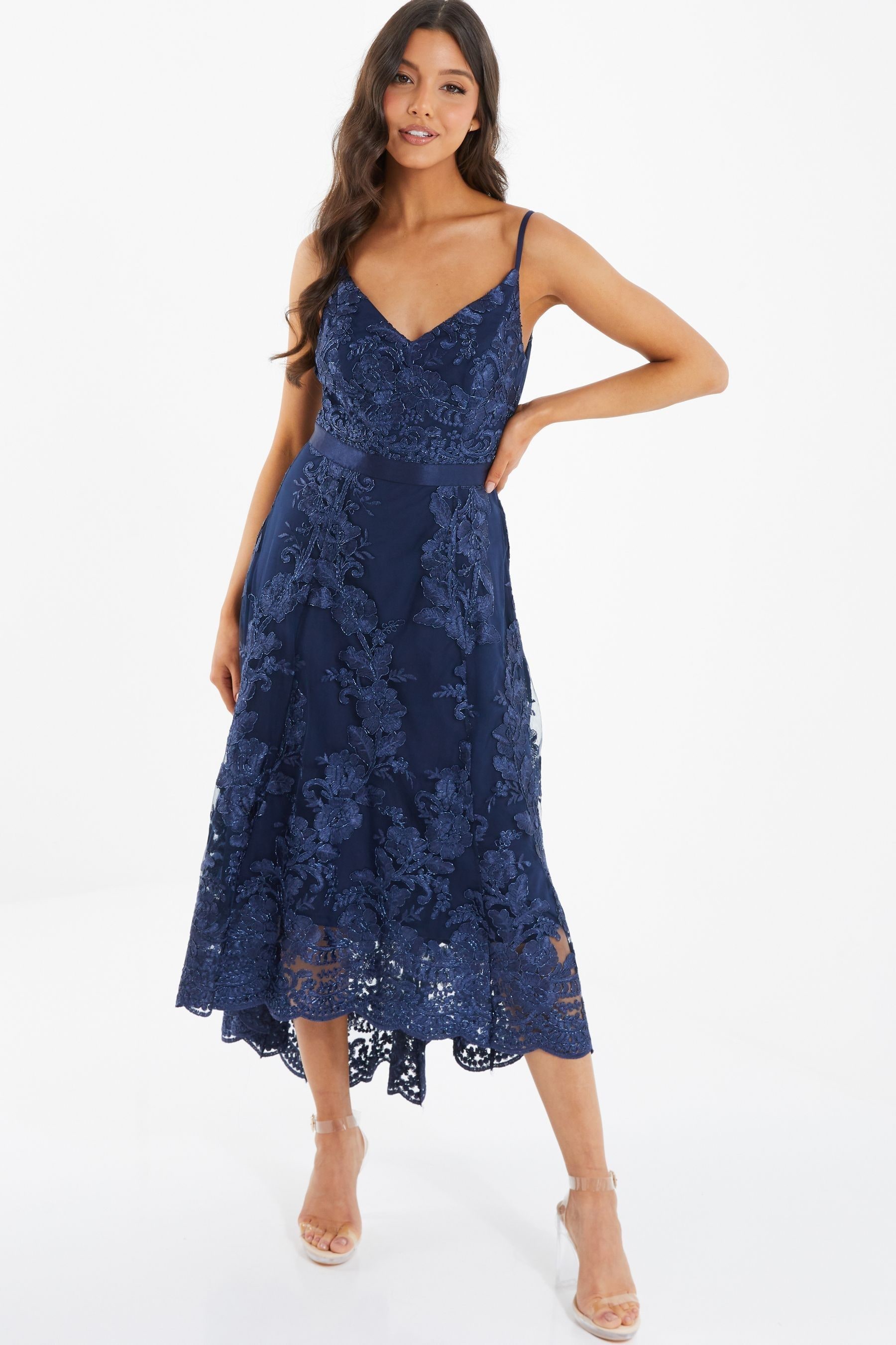 Buy Quiz Blue Lace Strappy V Neck Dip Hem Dress from the Next UK