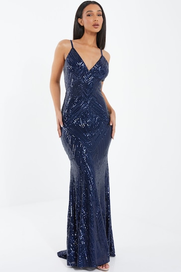 Buy Quiz Blue Sequin V - Neck Strap Fishtail Maxi Dress from the Next ...