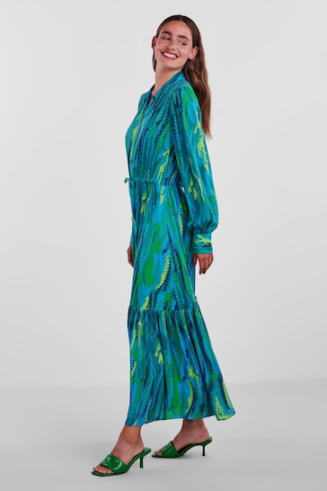 Y.A.S Blue Premium Printed Maxi Shirt Dress With Belt