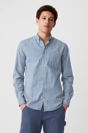 Gap Blue and White Gingham Stretch Button-Up Slim Fit Shirt