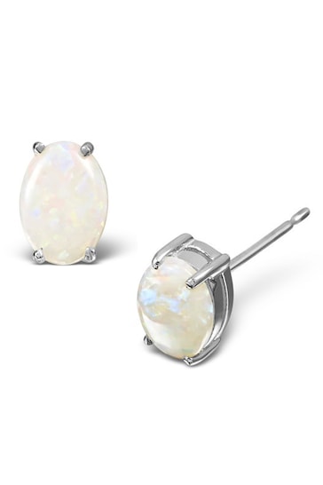 The Diamond Store White Opal 7 x 5mm and 9K White Gold Earrings