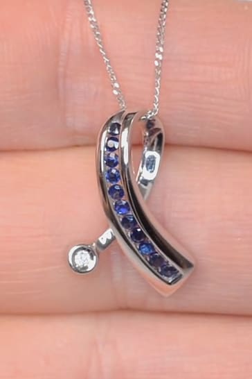 The Diamond Store Saphire And Diamond 0.02CT Ribbon Pendant Necklace in 9K White Gold