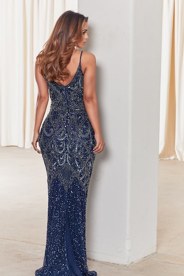 Sistaglam Navy Blue Heavy Embellished Sequin and Beaded Cami Maxi Dress