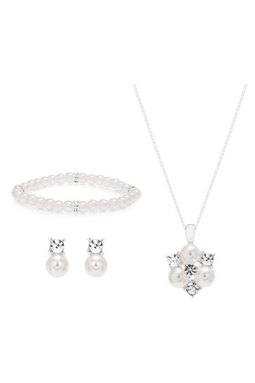 Jon Richard Silver Plated Clear Crystal Pearl And Crystal Cluster Trio Necklace, Bracelet and Earring Matching Set