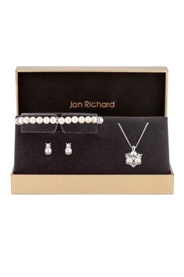 Jon Richard Silver Plated Clear Crystal Pearl And Crystal Cluster Trio Necklace, Bracelet and Earring Matching Set