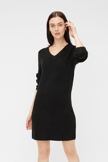 PIECES Black Long Sleeve V Neck Knitted Jumper Dress
