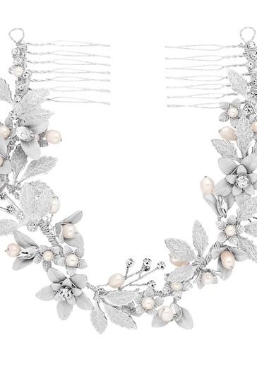 Jon Richard Silver Silver Plated Clara Brushed Leaves Fresh Water Pearl And Crystal Double Comb - Gift