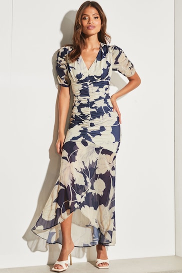 Buy Lipsy Navy Blue Ruched Front Sleeves V Neck Mesh Summer Maxi Dress ...