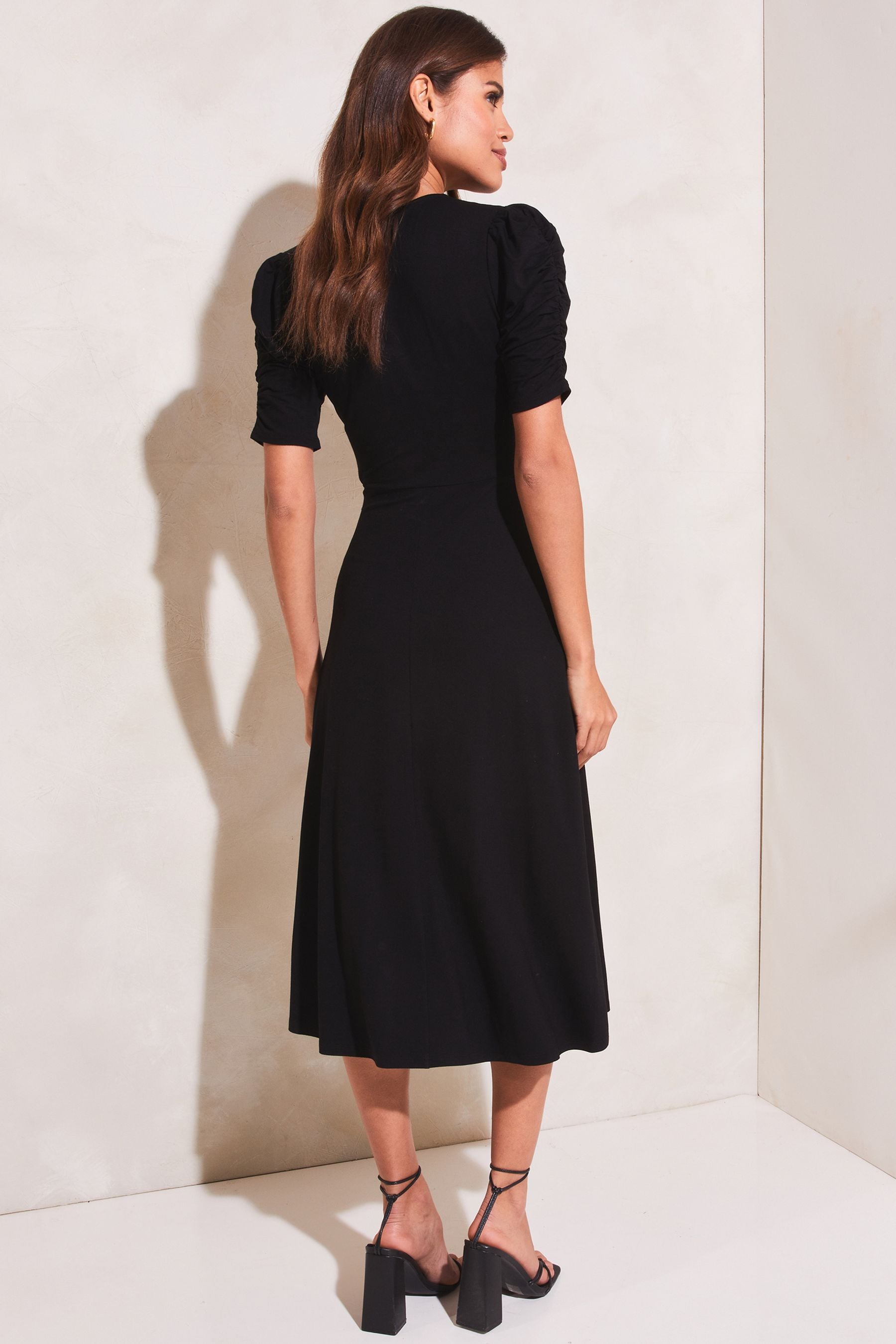 Lipsy Black Petite Jersey Short Ruched Sleeve Knot Side Midi Dress