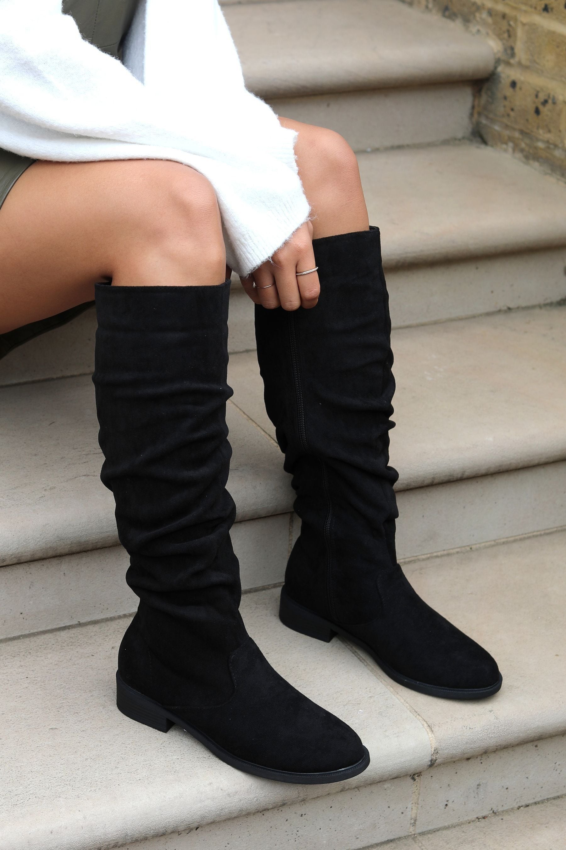 Buy Linzi Black Ciara Faux Suede Flat Ruched Boot from the Next UK