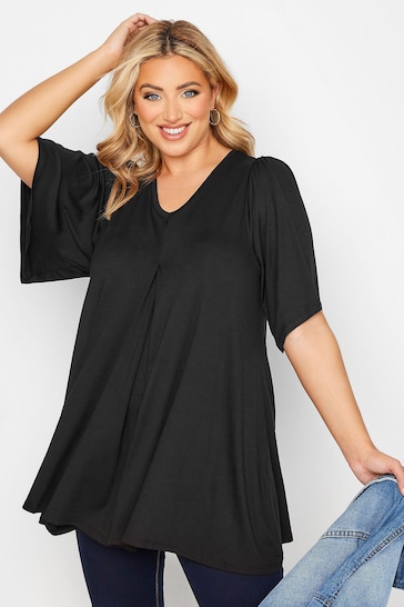 Yours Curve Black Pleat Swing Angel Sleeve Top