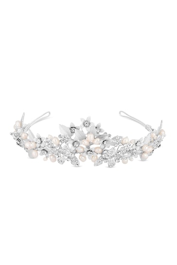 Jon Richard Silver Plated Silver Crystal And Pearl Tiara - Gift Pouch