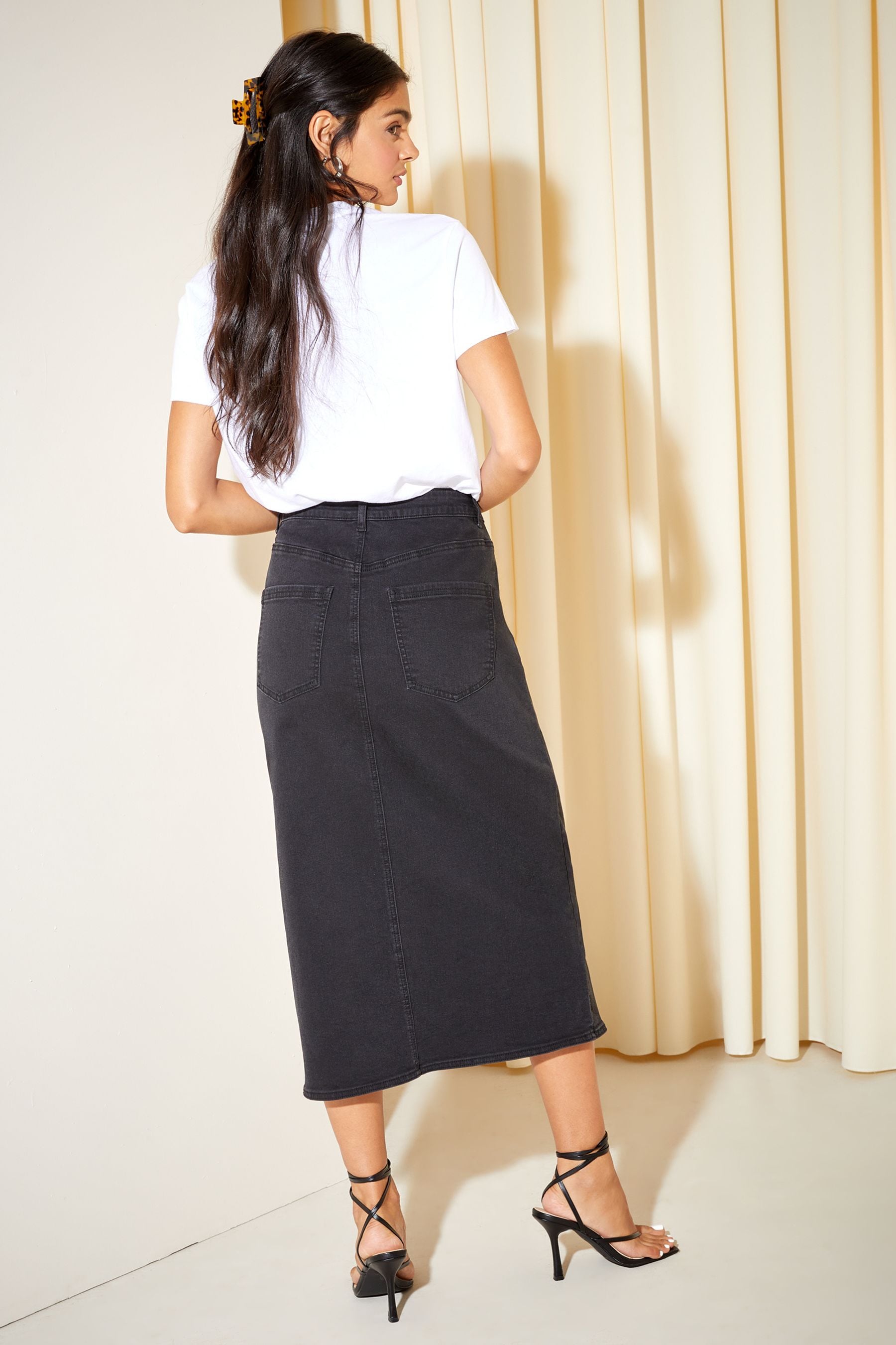 Buy Friends Like These Black Denim Button Through Midi Skirt from