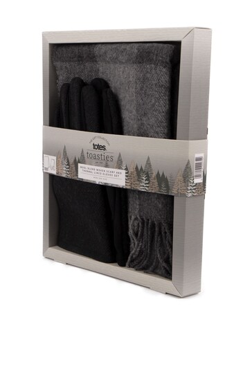 Totes Grey Wool Blend Check Scarf and Thermal Lined Gloves Set