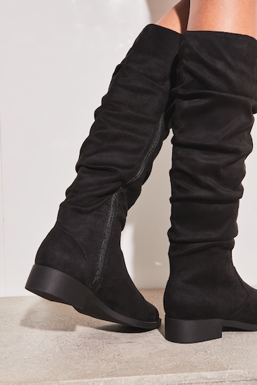 Lipsy Black Wide FIt Suedette Ruched Knee High Boot