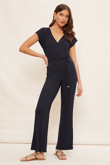 Friends Like These Navy Jersey Wide Leg Wrap Style V Neck Summer Jumpsuit