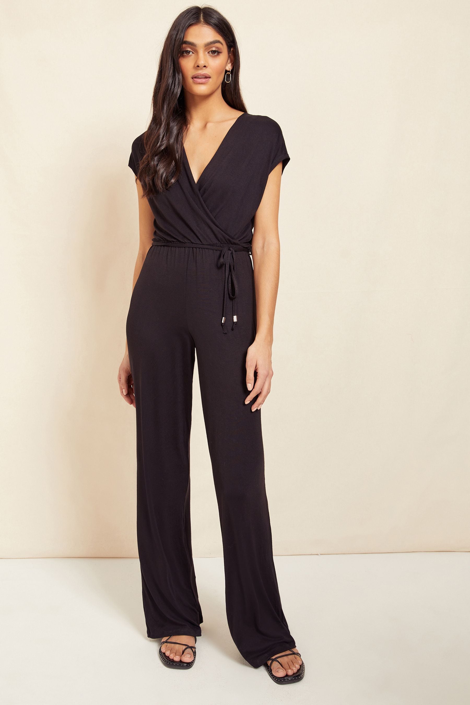 Friends Like These Black Petite Jersey Wide Leg Wrap Style V Neck Summer Jumpsuit