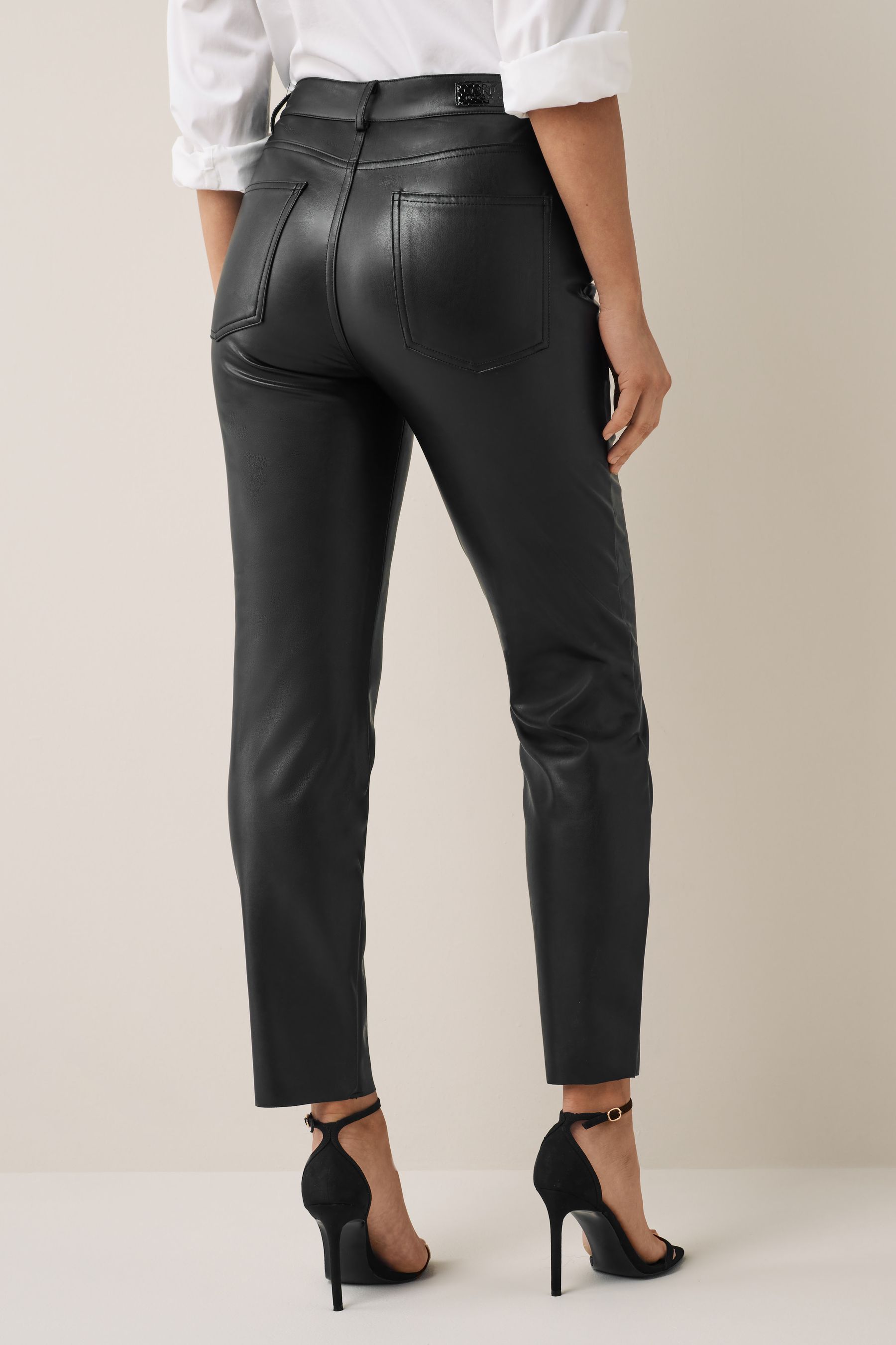 Only Black Petite High Waisted Faux Leather Workwear Trousers