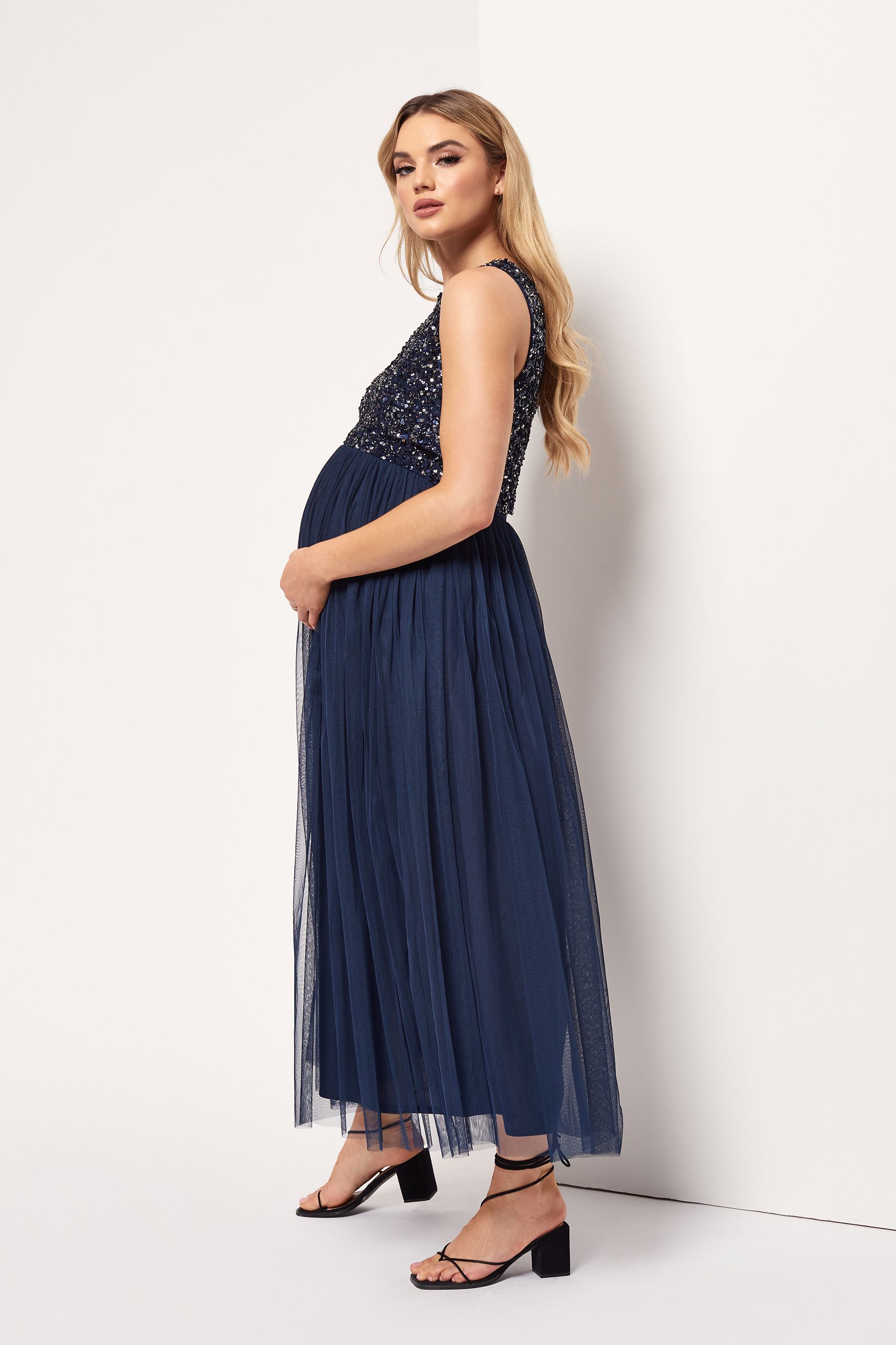 Buy Maya Navy Blue Maternity Sequin Bodice Midi Dress from the