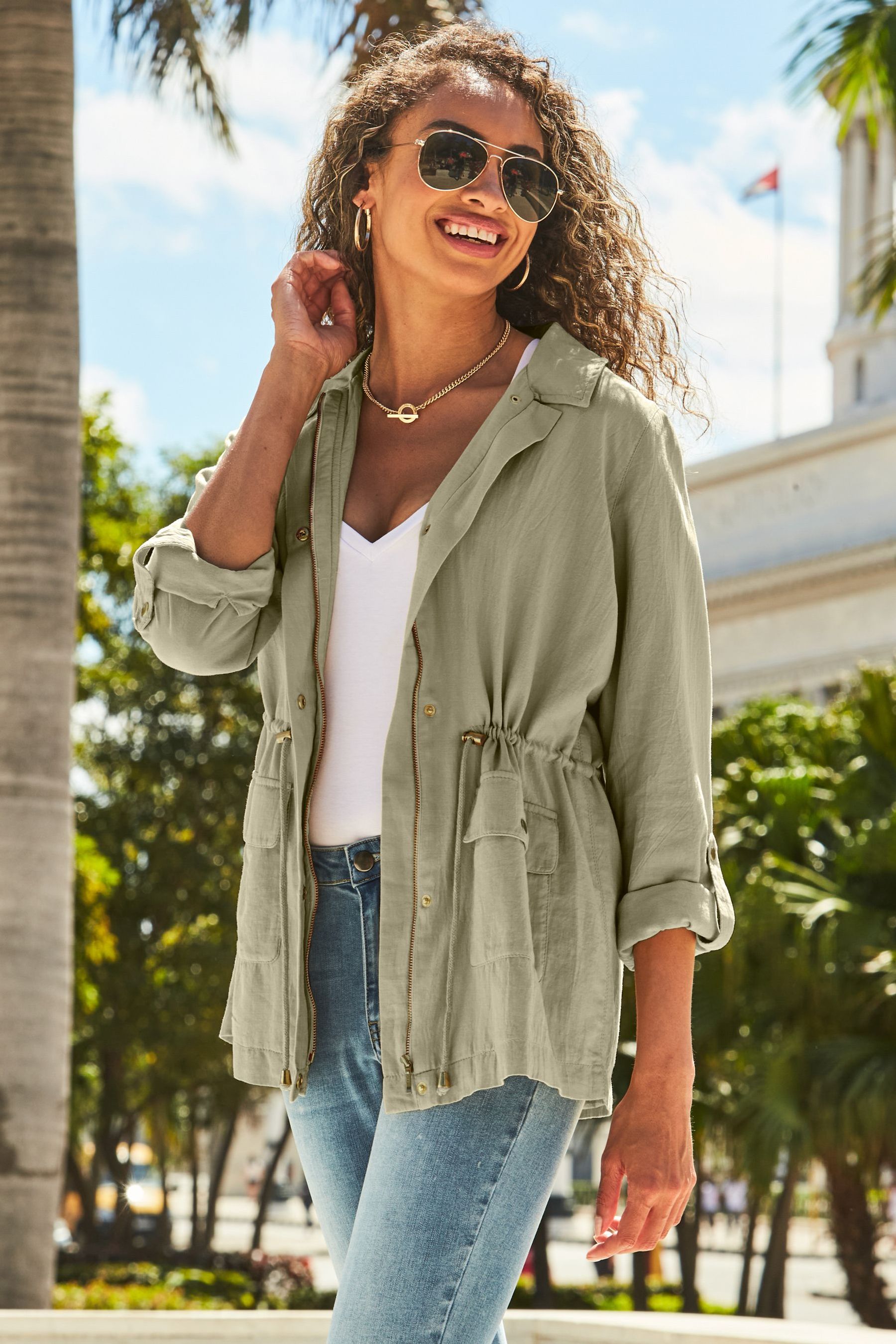 Sosandar Green Drawstring Waist Cargo Jacket