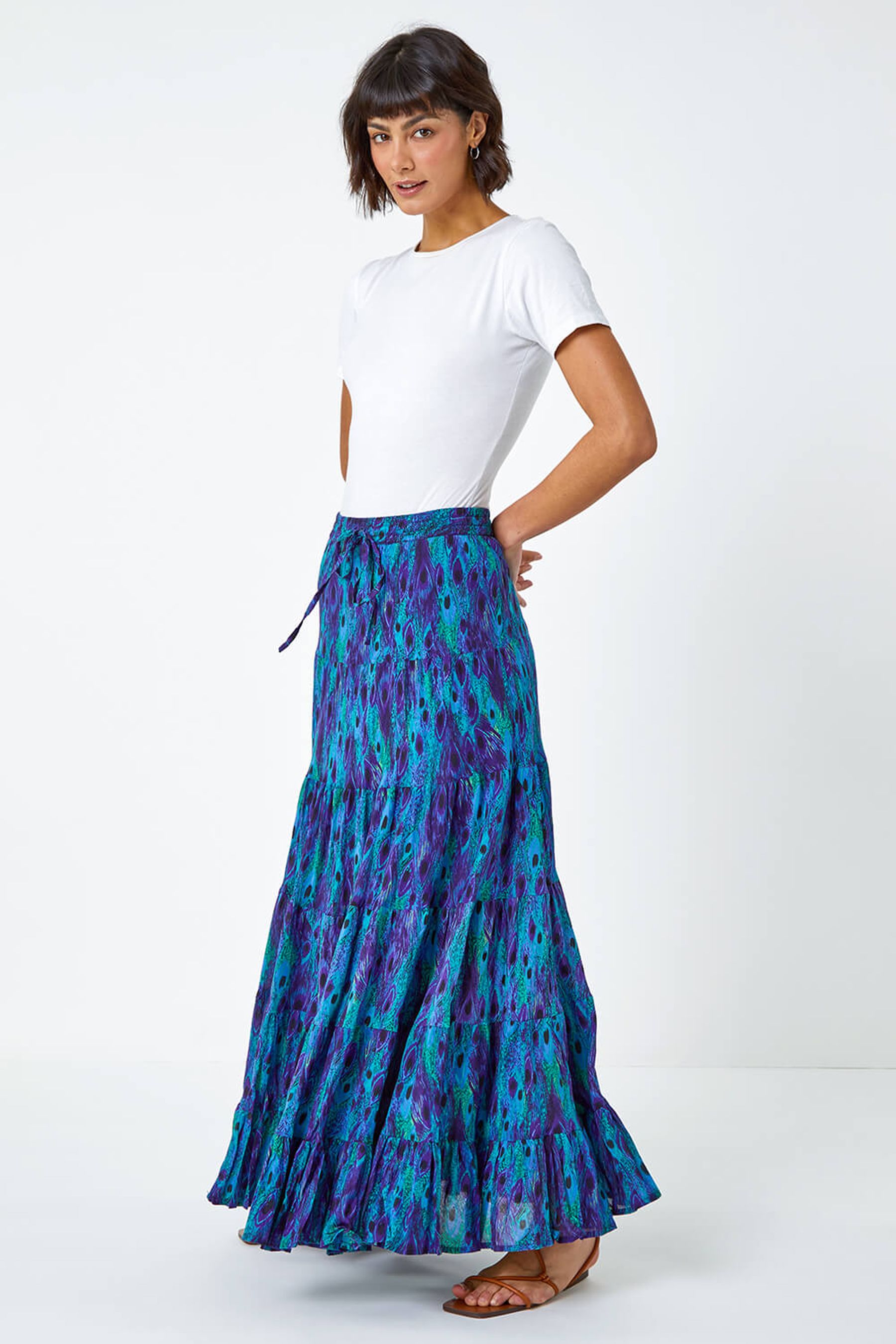 Roman Blue Multi Feather Print Tiered Cotton Maxi Skirt