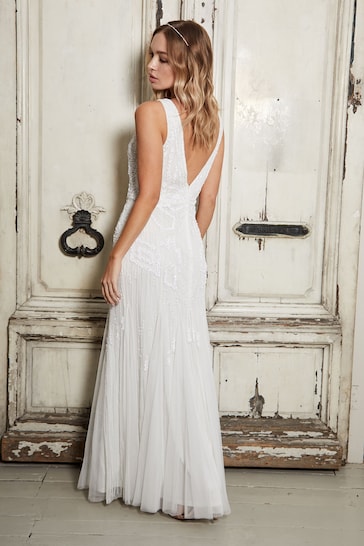 Sistaglam White Embellished Beaded Sequin Halterneck Maxi Wedding Dress