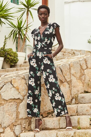 Sosandar Black Floral Print Wrap Front Culotte Jumpsuit