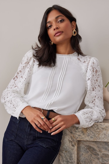 Buy Love & Roses White Tie Back Long Sleeve Lace Blouse from the