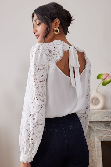 Love & Roses White Tie Back Long Sleeve Lace Blouse