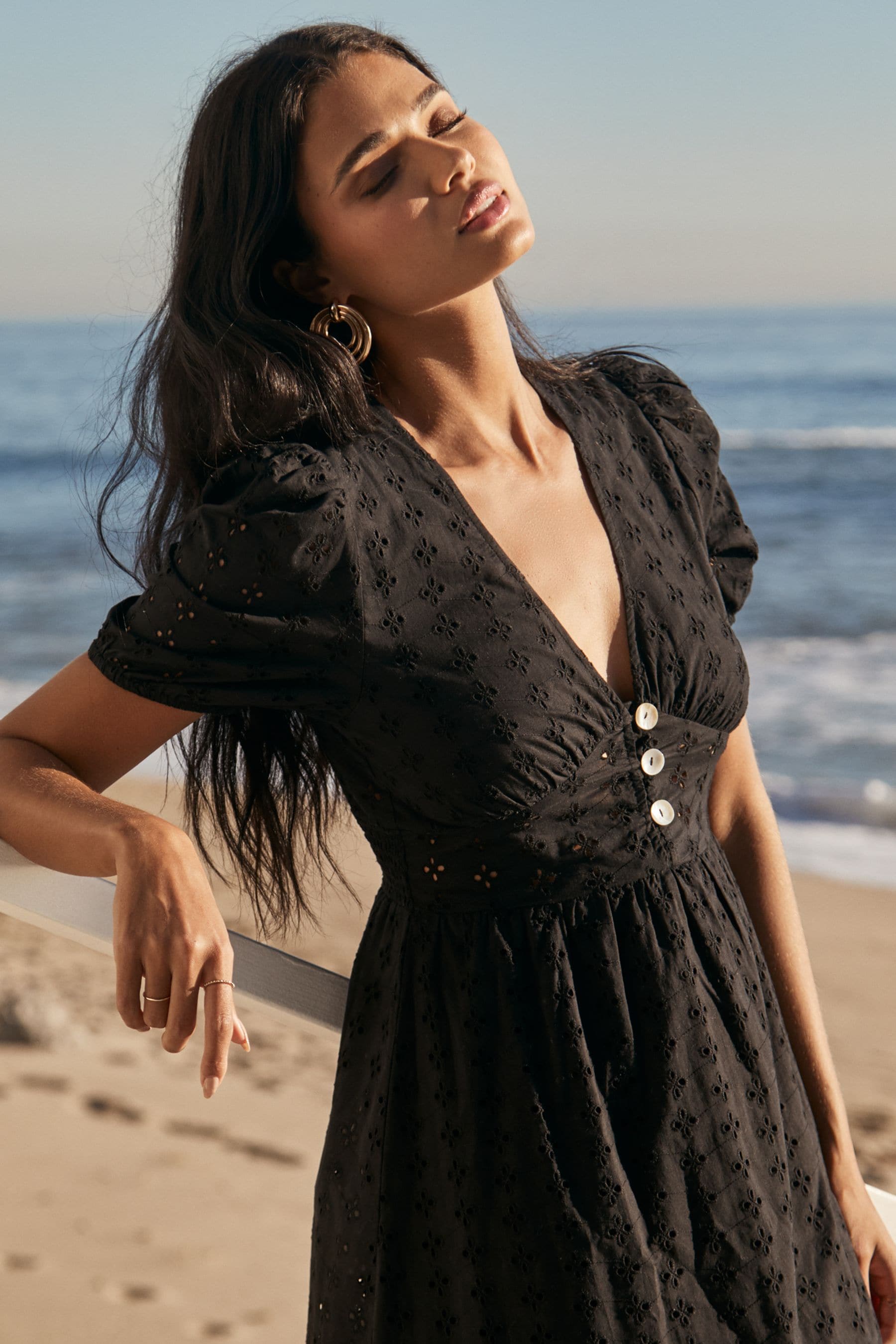 Buy Lipsy Black Broderie V Neck Puff Sleeve Midi Summer Holiday