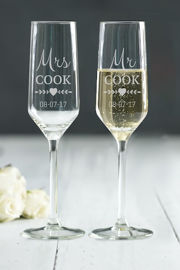 Personalised Mr and Mrs Champagne Flutes by Loveabode