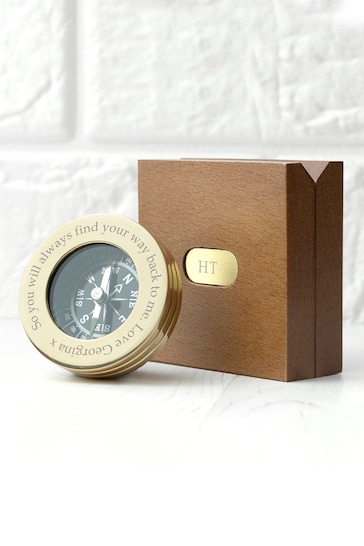 Personalised Brass Travellers Compass With Wooden Box by Treat Republic