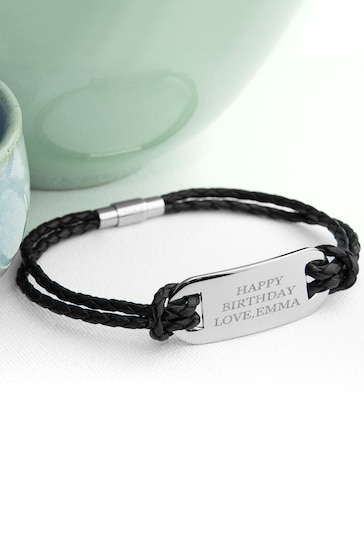 Personalised Men's Black Leather Bracelet by Treat Republic