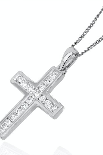The Diamond Store 9k White Gold Lab Diamond Cross Necklace Channel Set 0.25ct H/Si