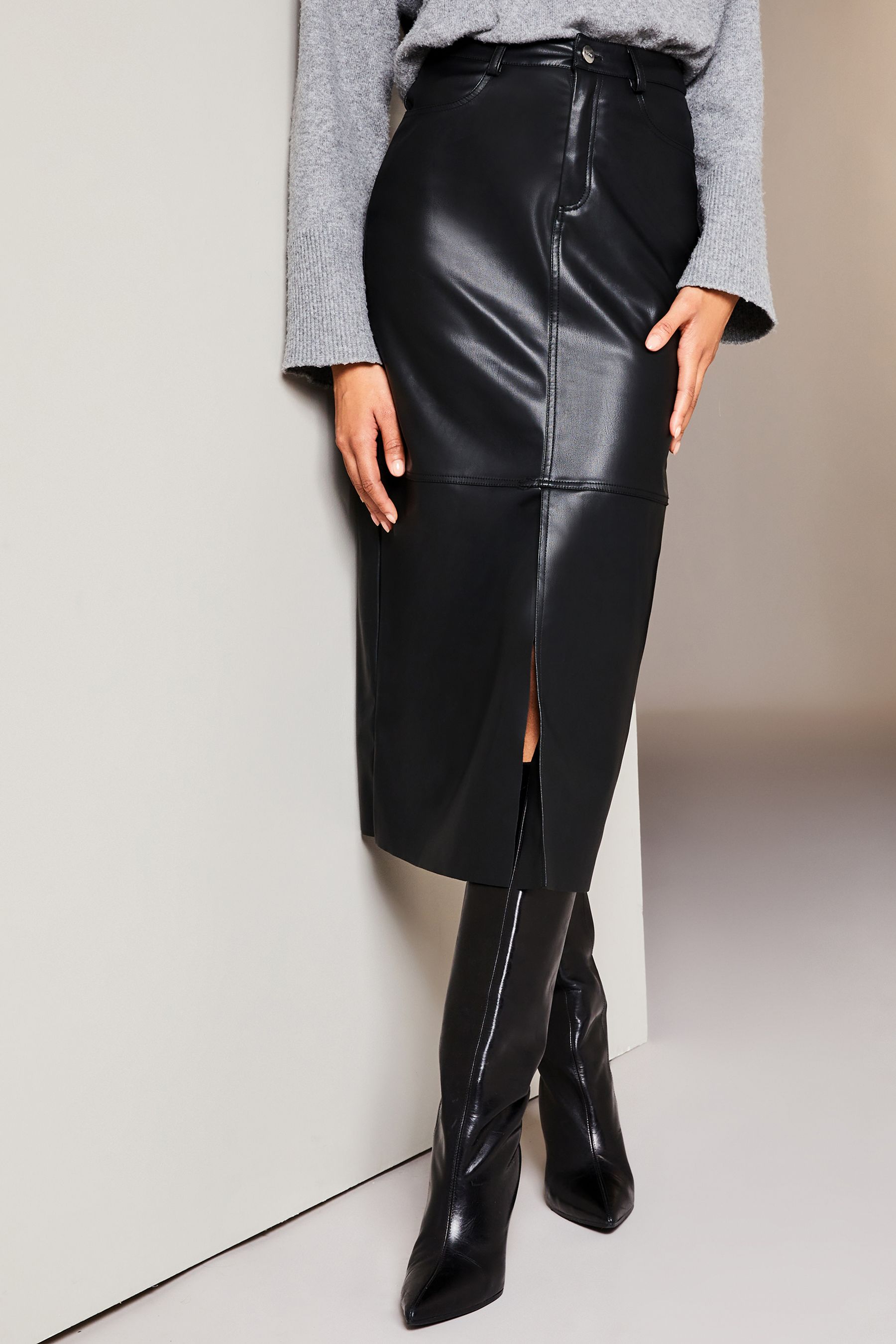 Buy Lipsy Black Faux Leather Split Hem Midi Skirt from the Next UK ...