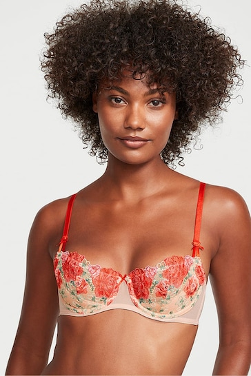 Victoria's Secret Tomato Red Embroidered Illuminating Blooms Lightly Lined Balcony Bra