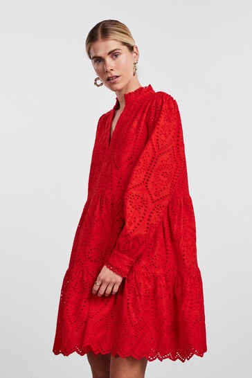 Y.A.S Red Broderie Long Sleeved Dress