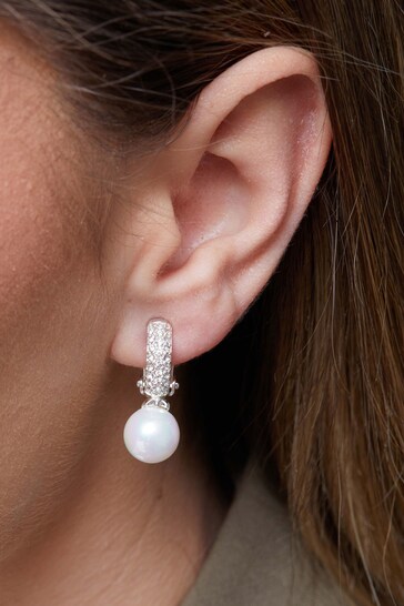 Jon Richard Silver Silver Plated Clear Crystal Pave Half Hoop With Pearl Drop Clip On Earring