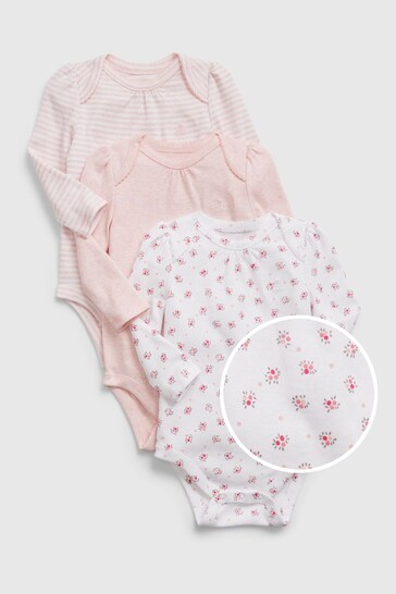 Gap Pink Floral 3 Pack Long Sleeve Baby Bodysuits