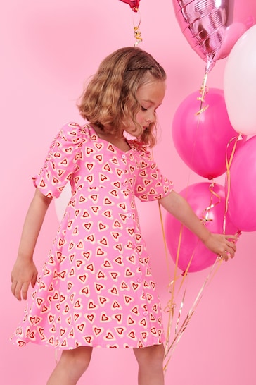 Pink/Red Heart Print Ruched Sleeve Dress (3-16yrs)